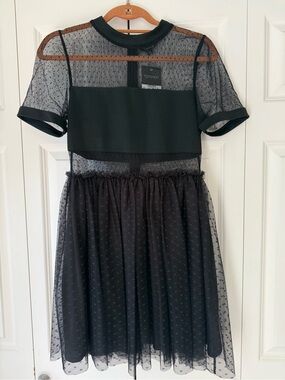 Topshop Black Sheer Dot Mesh Dress with Tulle Skirt - sz. 8 but fits like a 4!